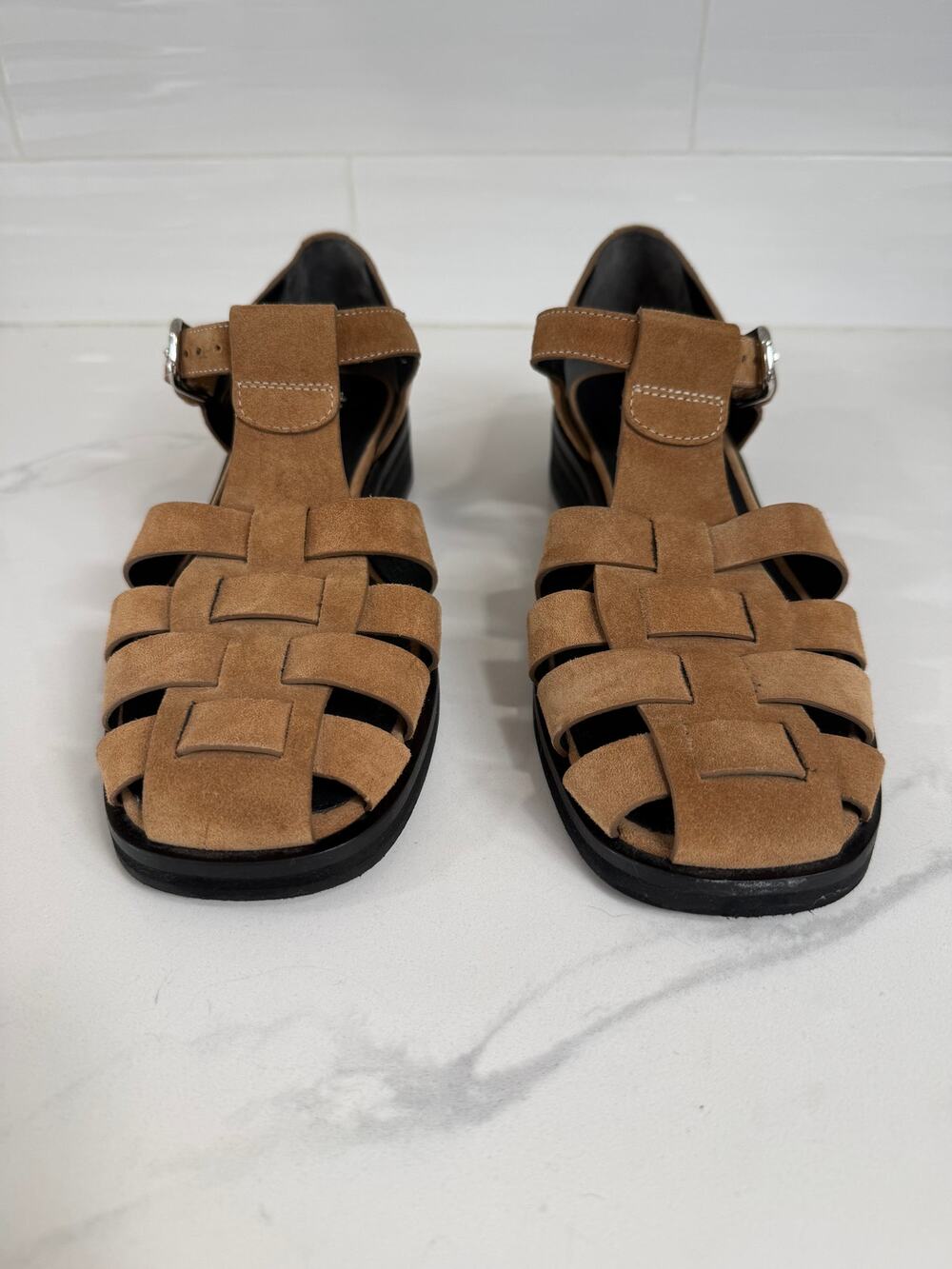 Labucq Suede Fisherman Sandals Brown T-Strap Woven Open Toe Italy Women’s 41